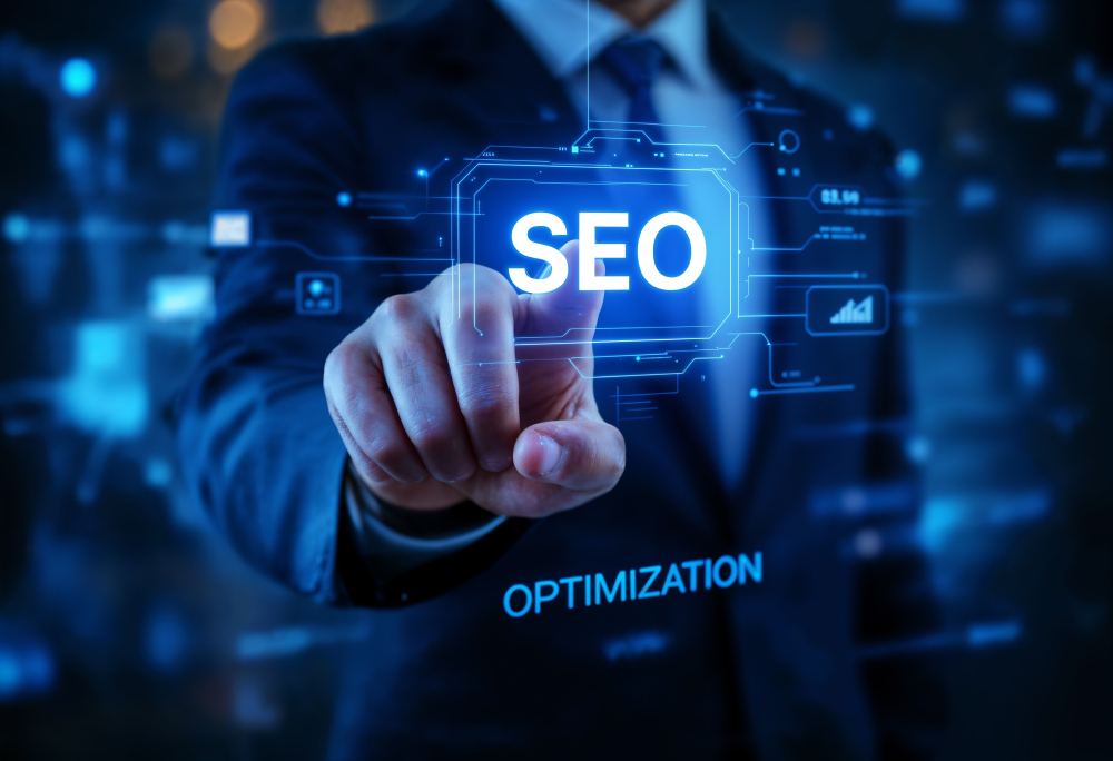 Business professional touching a digital SEO interface representing AI-powered search engine optimization