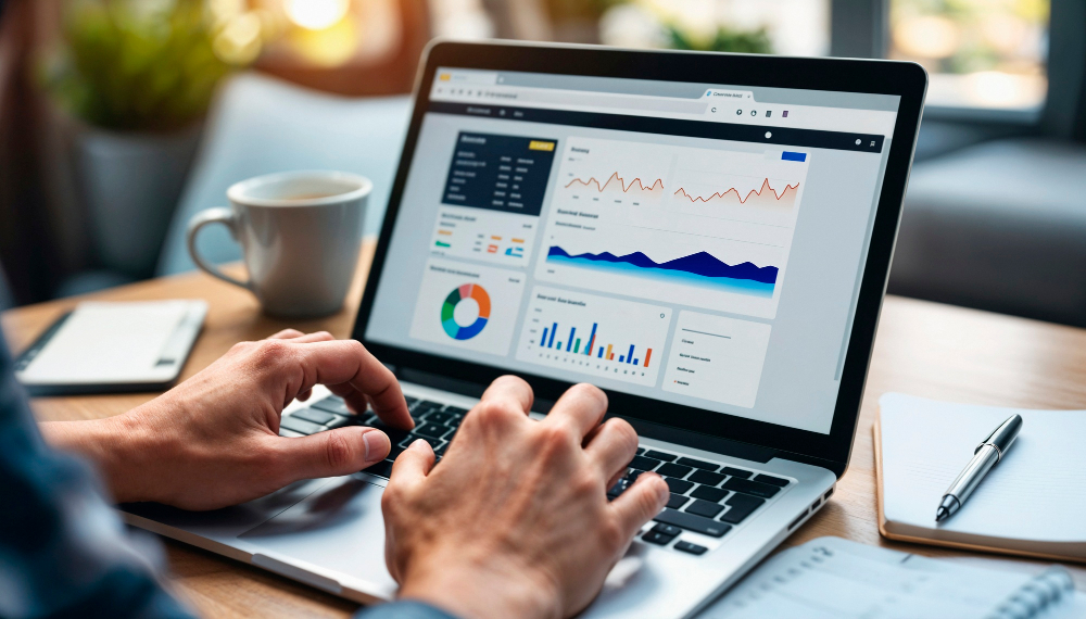 Marketer reviewing Google Ads campaign performance dashboard with charts and analytics on a laptop