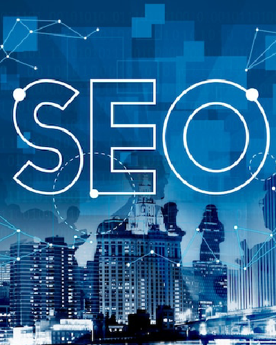 SEO text over city skyline with network connections representing search engine optimization services