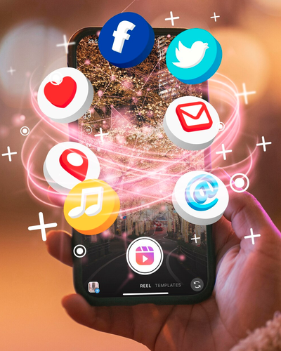 Smartphone with Facebook, Twitter, Instagram Reels and social media icons representing social media marketing services