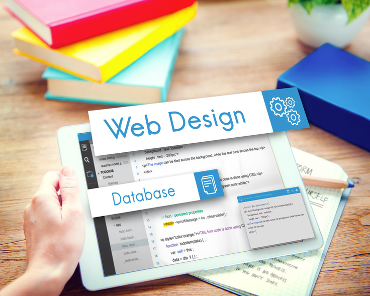 Hand holding tablet showing website code with web design and database development labels